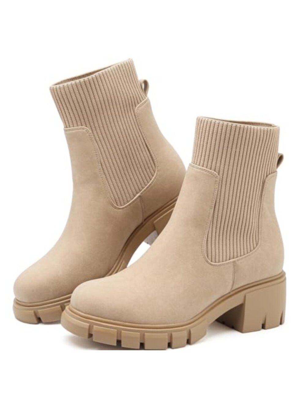 Chelsea Boots Women Stretch Knit Chunky Heel Lug Sole